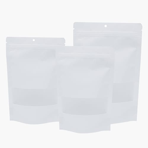 OM-003 Stock White kraft stand-up pouch with window
