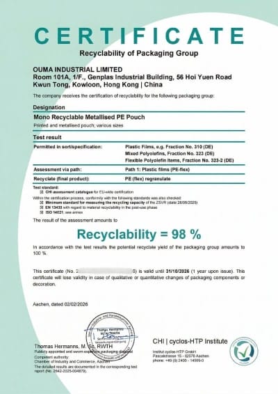 Recyclability Certificate OUMA- Mono Recyclable Metallised PE Pouch